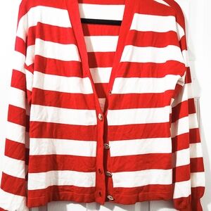 New York & Company Red and White Striped Cardigan Sweater